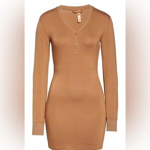 SKIMS Tan Long Sleeve Henley Dress